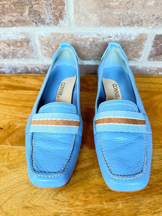 Connie Shoes - Connie Light Blue Leather Loafers with Brown Accent Stripe
